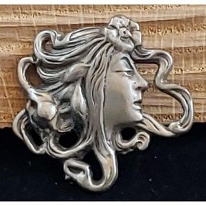 Vintage Unsigned Silver Tone Metal Lady in the Wind Brooch/Pendant, Art Nouveau